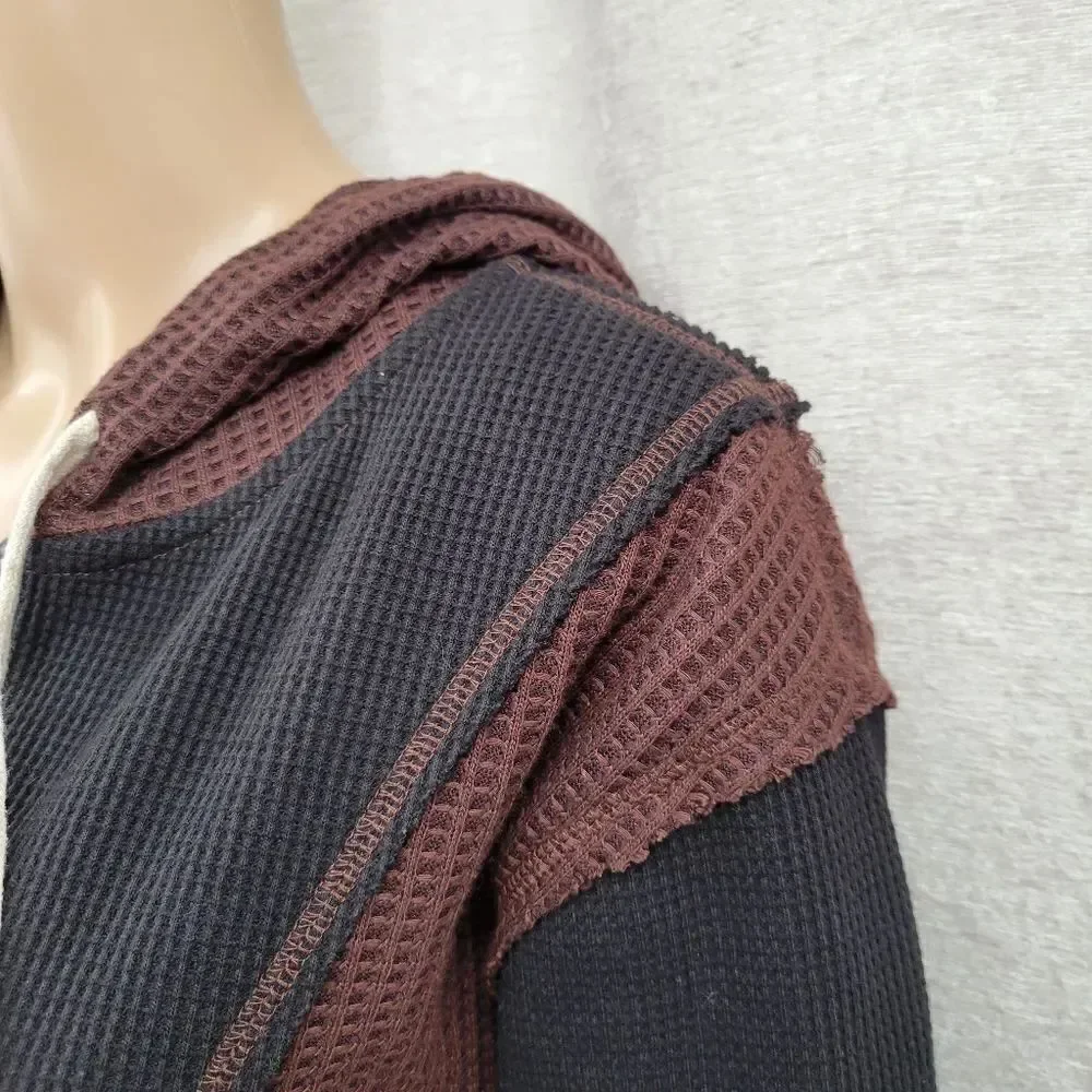 POL Brown and Black Waffle Knit Full Zip Hooded Jacket Sweatshirt Women's Small